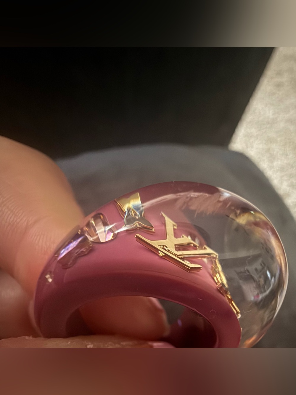 Louis Vuitton auth Bague ring Gold pink Inclusion w/ monogram charms sz large 8 - Picture 13 of 13